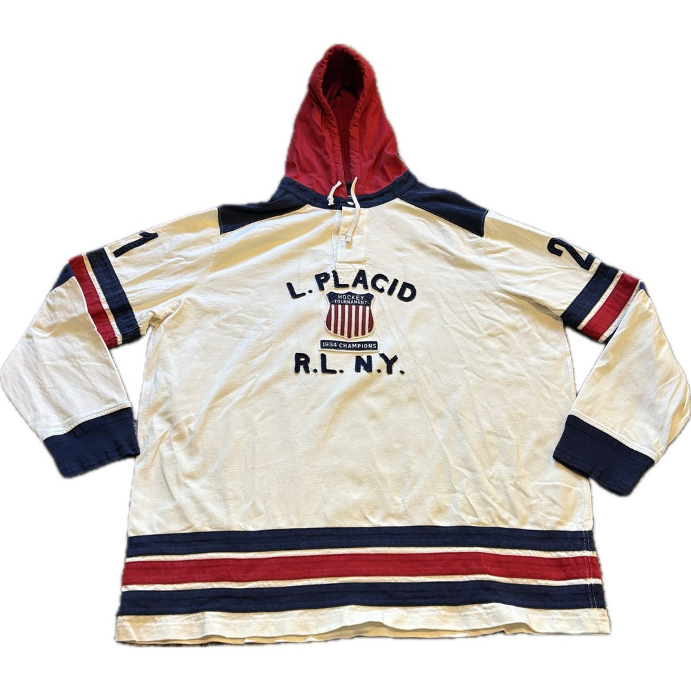 Polo Ralph Lauren Lake Placid Hockey Hooded Rugby Shirt XXL Cream Red Navy 21